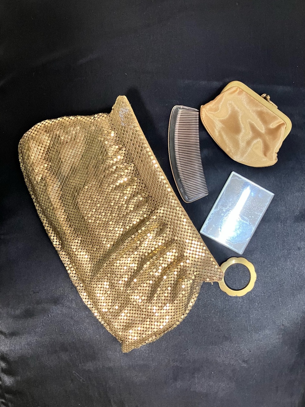 Whiting & Davis Gold Metallic Mesh Wristlet with Ring Handle